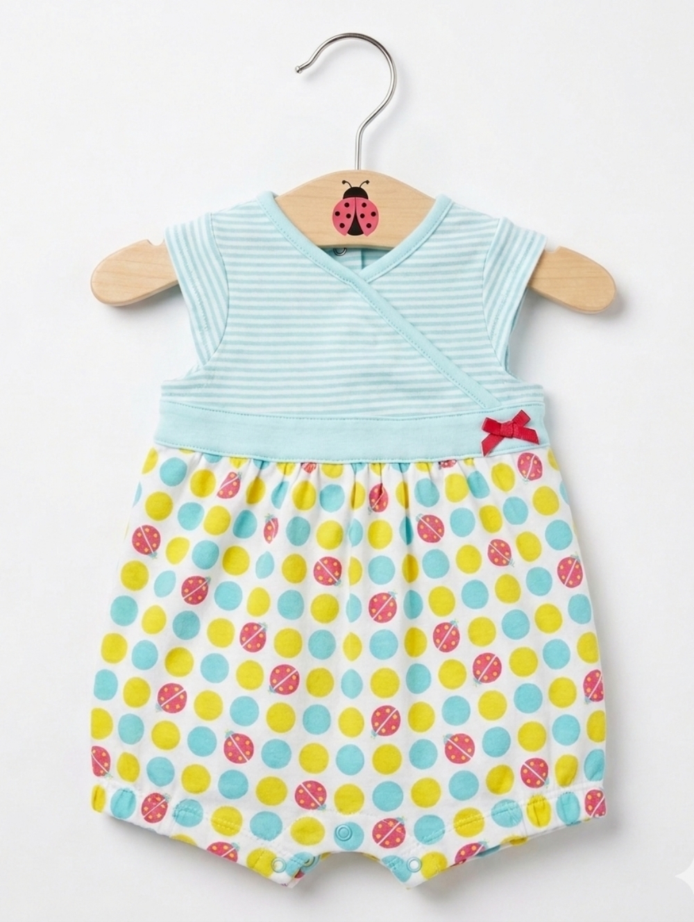 Offspring Baby Girls 6M Blue Striped Dotted Ladybug Graphic Romper